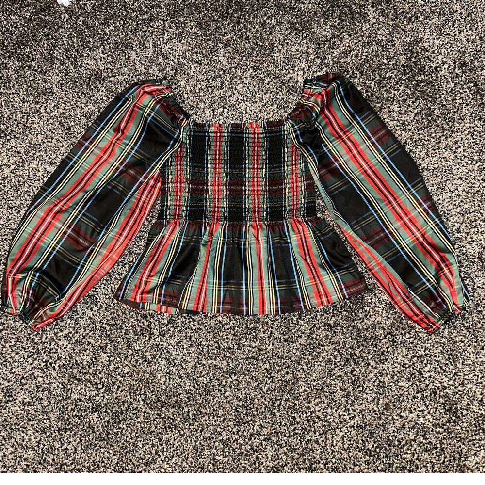 J. Crew Puff-Sleeve Plaid Smocked Top , Size Small